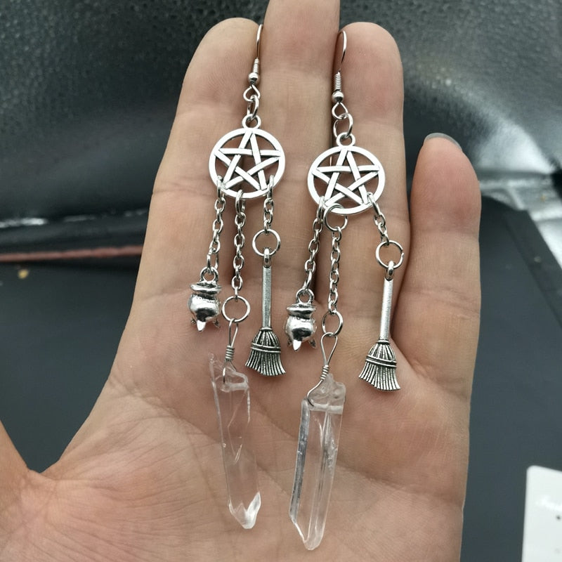 Raw Quartz/Clear Crystal Quartz Pentacle Wiccan/Pagan Earrings