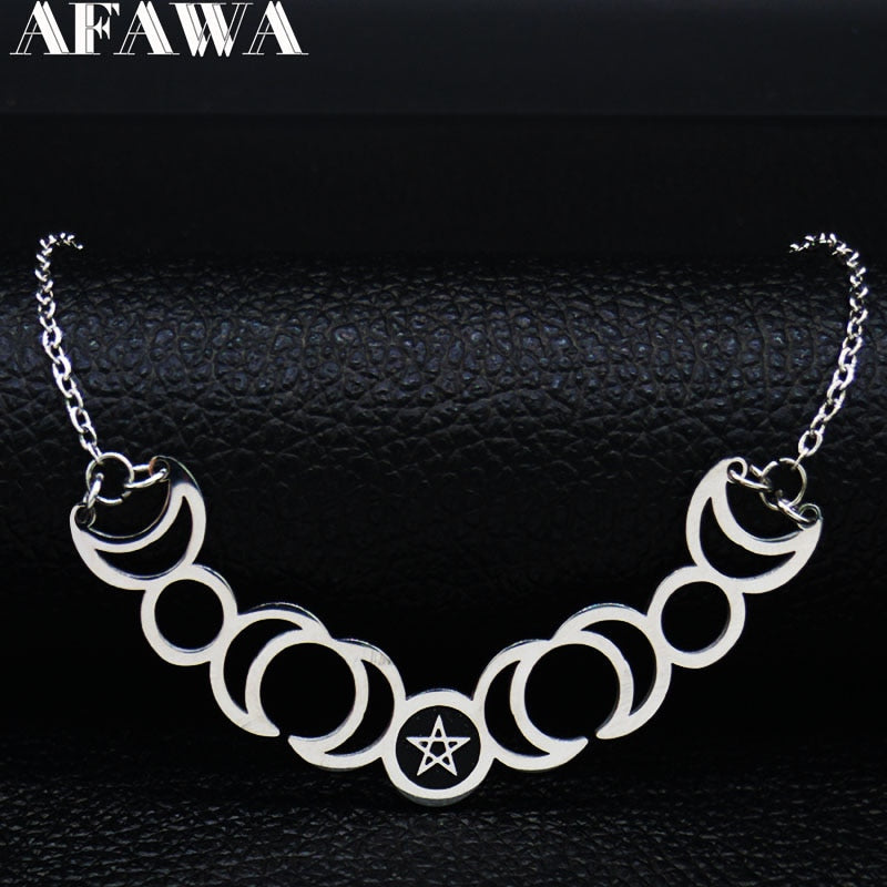 Triple Moon Goddess Sun Pentacle Stainless Steel Necklace