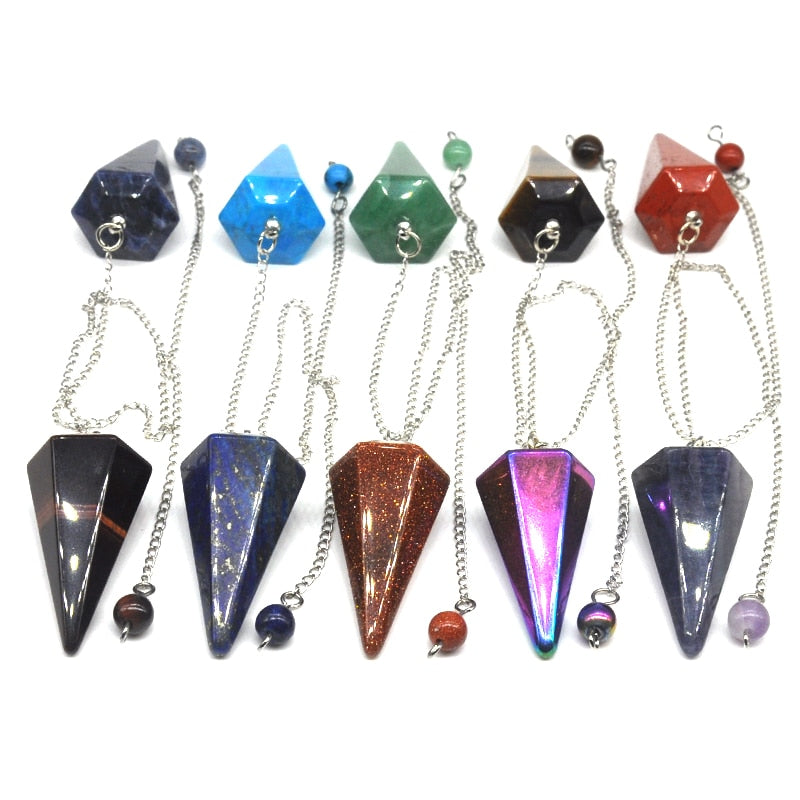 Natural Gemstone Chakra Pyramid Hexagonal Pendulum Healing Crystals