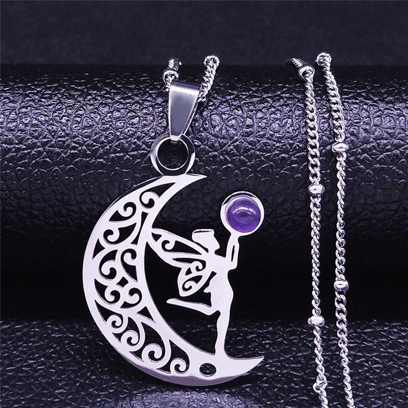 Witchcraft Moon Elf Fairy Necklace Purple Crystal