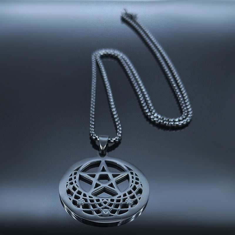 Triple Moon Goddess Sun Pentacle Stainless Steel Necklace