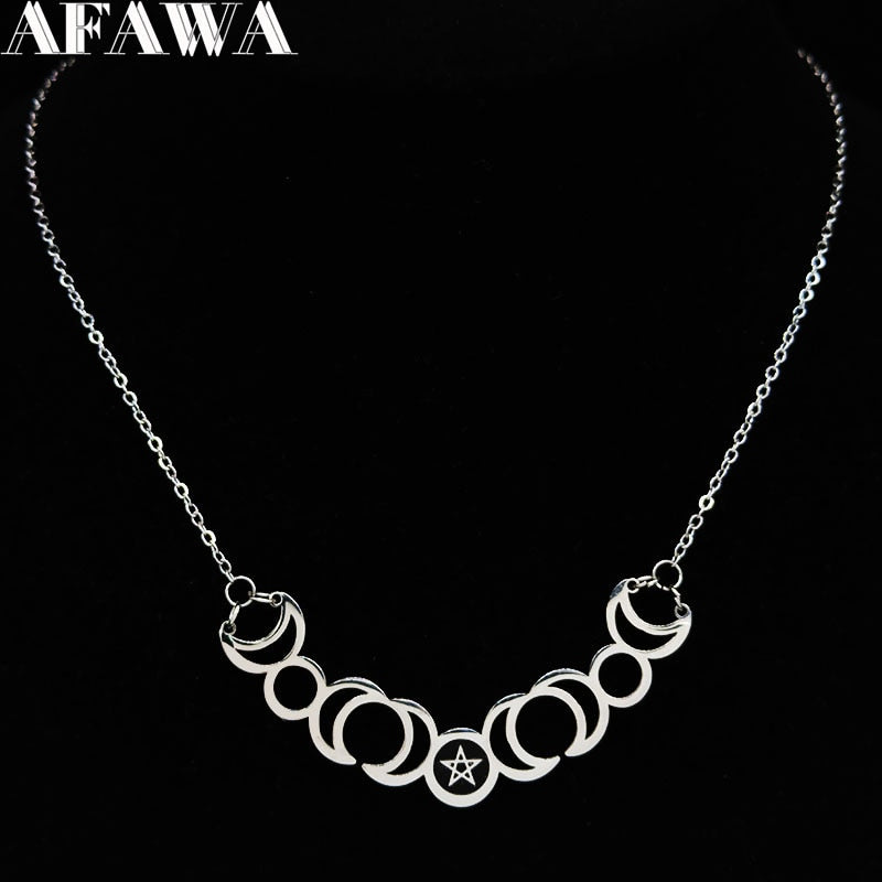 Triple Moon Goddess Sun Pentacle Stainless Steel Necklace