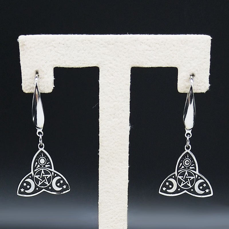 Witchcraft Stainless Steel Sun Triple Moon Goddess Earrings