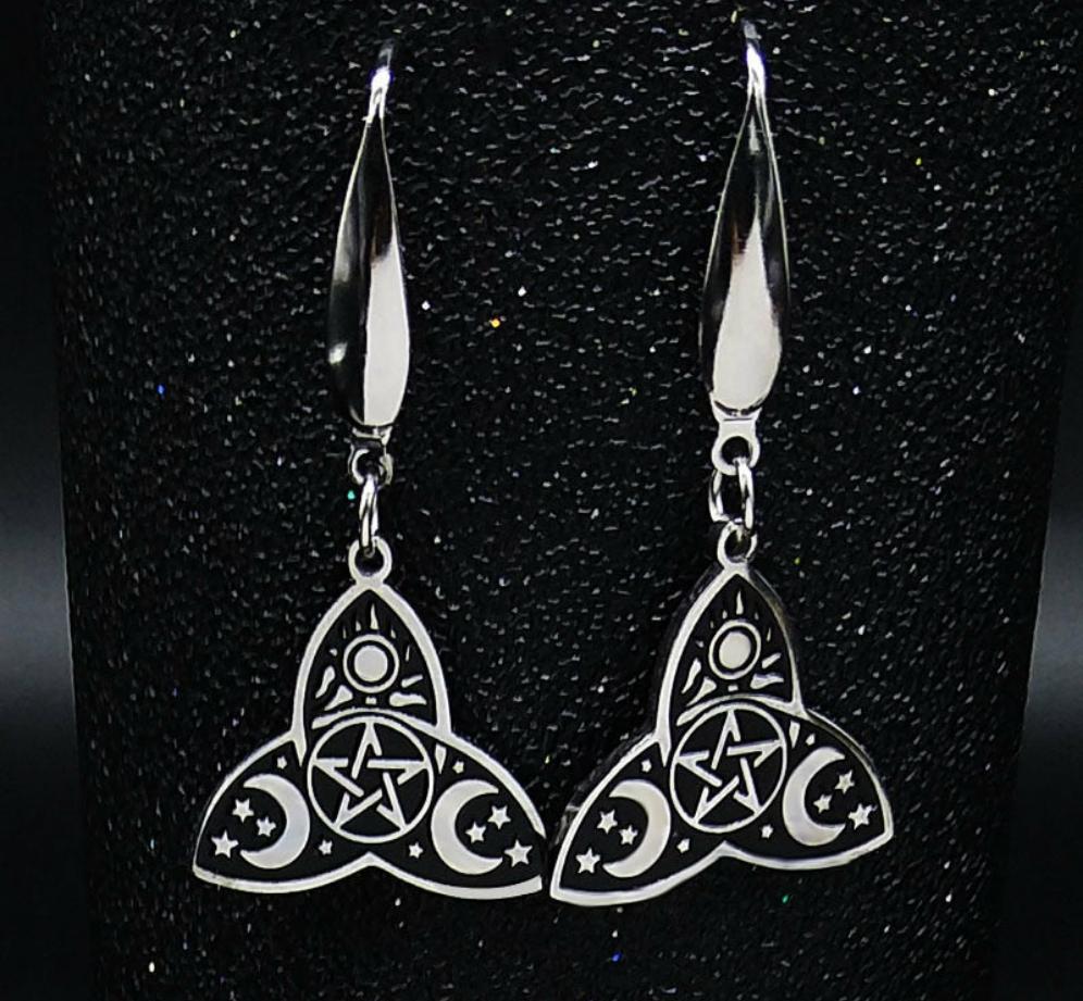 Witchcraft Stainless Steel Sun Triple Moon Goddess Earrings