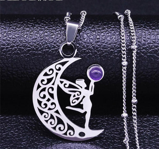 Witchcraft Moon Elf Fairy Necklace Purple Crystal