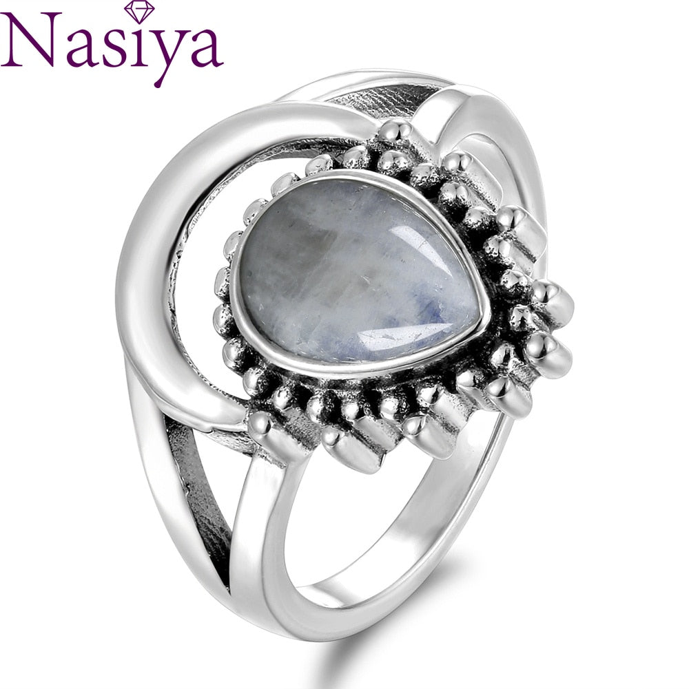 New Vintage Silver Jewelry Ring/ Water Drop Natural Moonstone