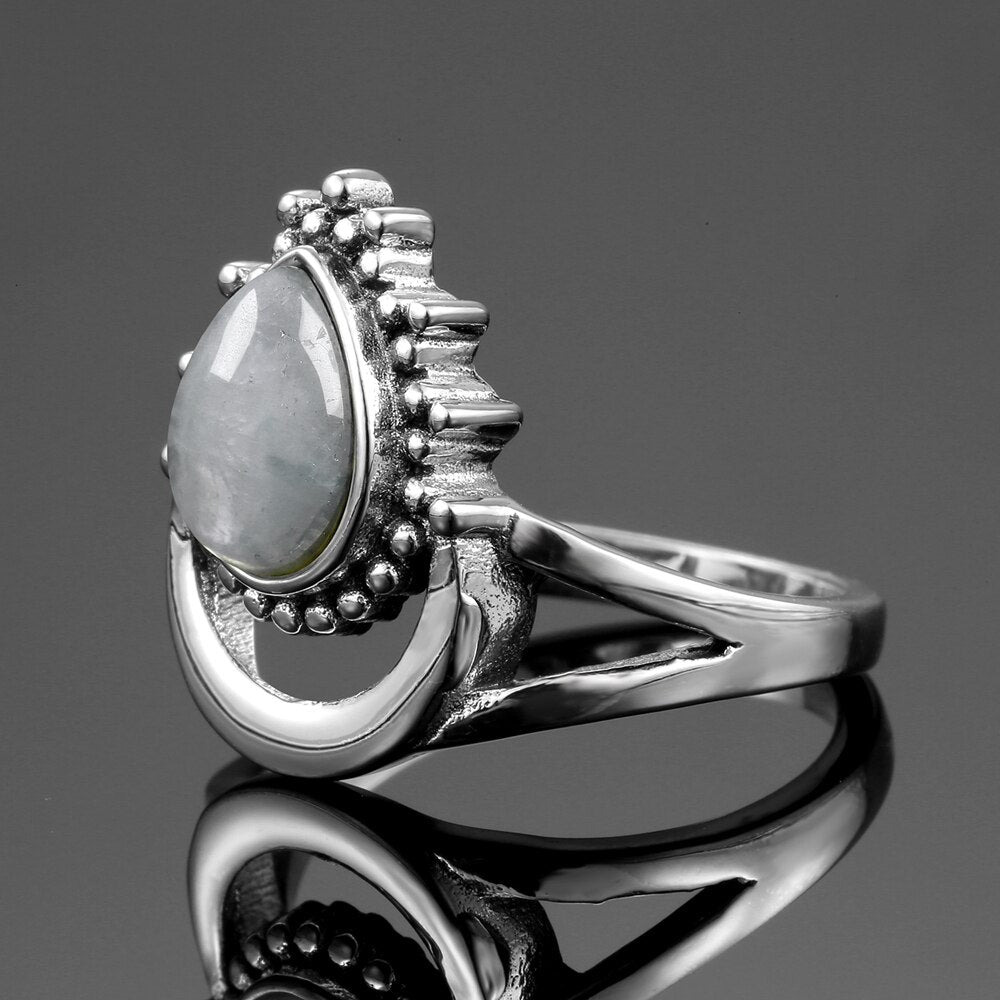 New Vintage Silver Jewelry Ring/ Water Drop Natural Moonstone