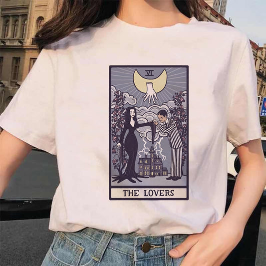 Womens White Funny Tarot Card Printed Cartoon T-Shirt