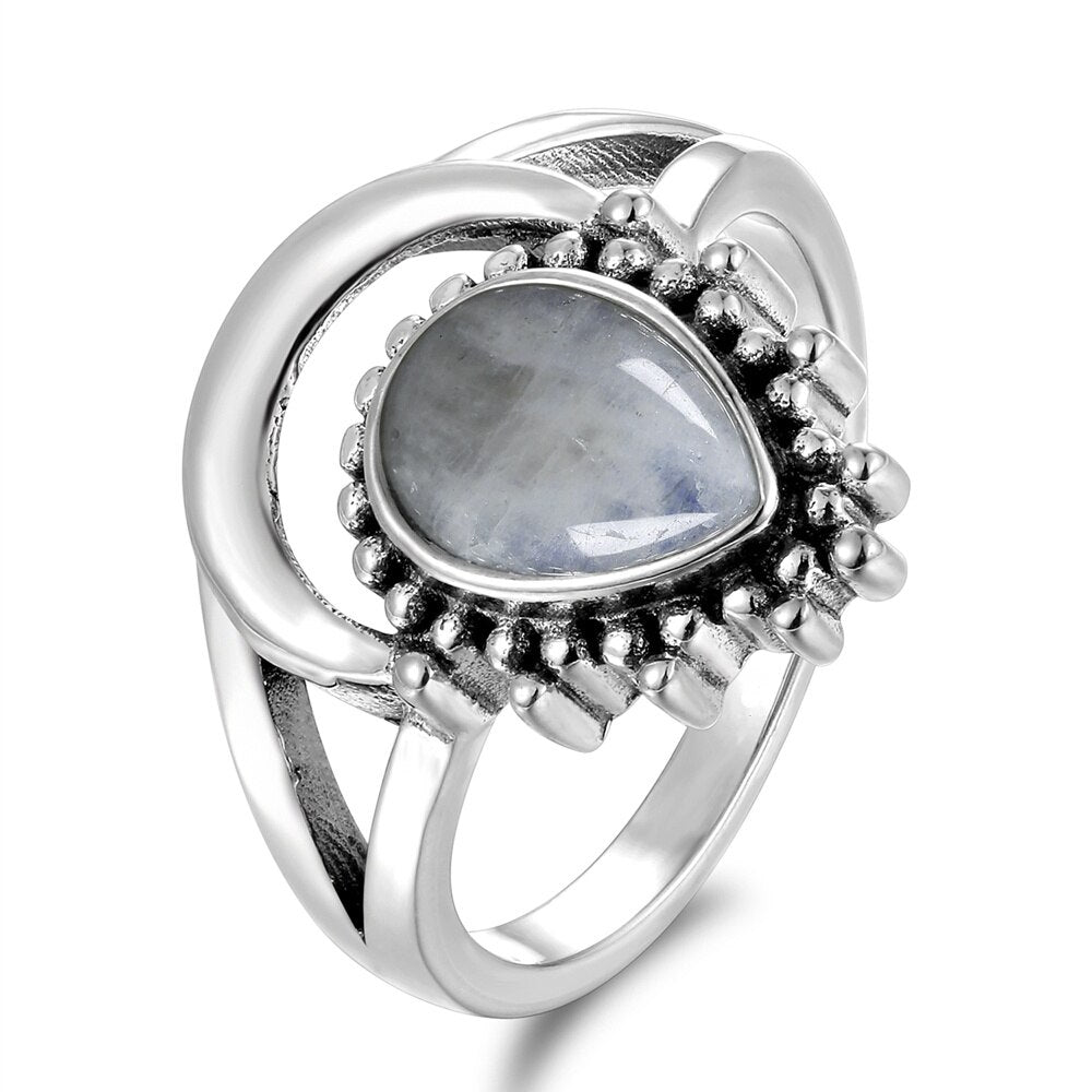 New Vintage Silver Jewelry Ring/ Water Drop Natural Moonstone